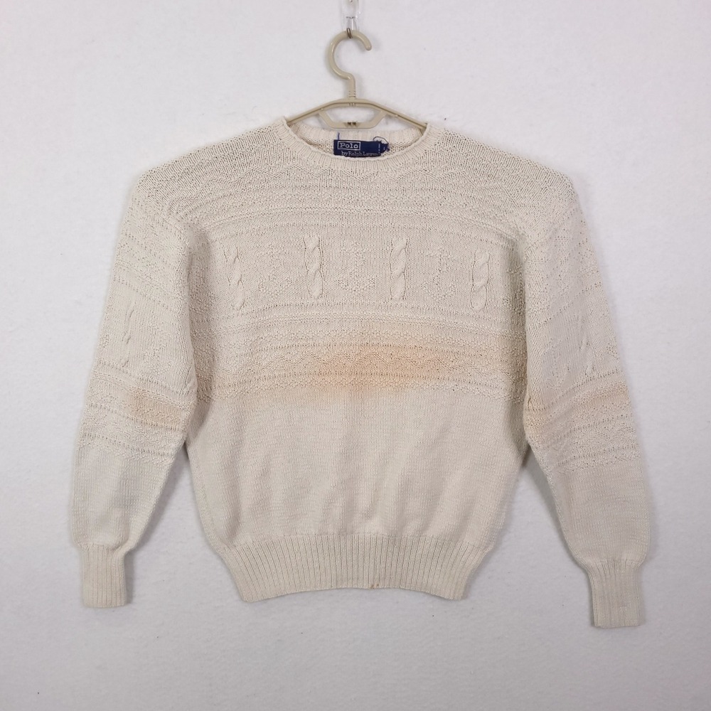 Vintage Polo Ralph Lauren Sweater Mens L Cream Hand Knit Cotton Cable Crew Neck